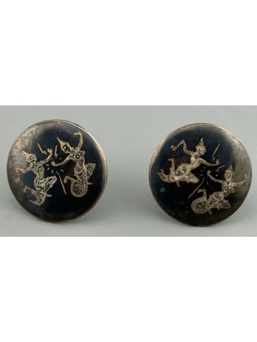 Vintage Siam Cuff Links Sterling Silver Niello Dancer Round 1.25”